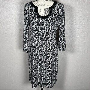 Nicole Miller Sz L Cocktail Dress Formal Shift Embellished Neck Black/White